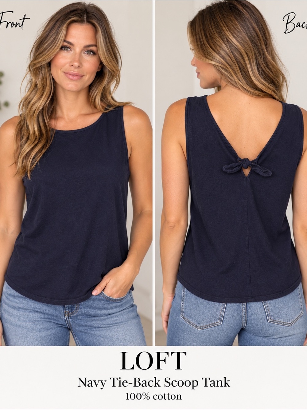LOFT Navy Tie-Back Scoop Tank Top Size Medium 100% Cotton